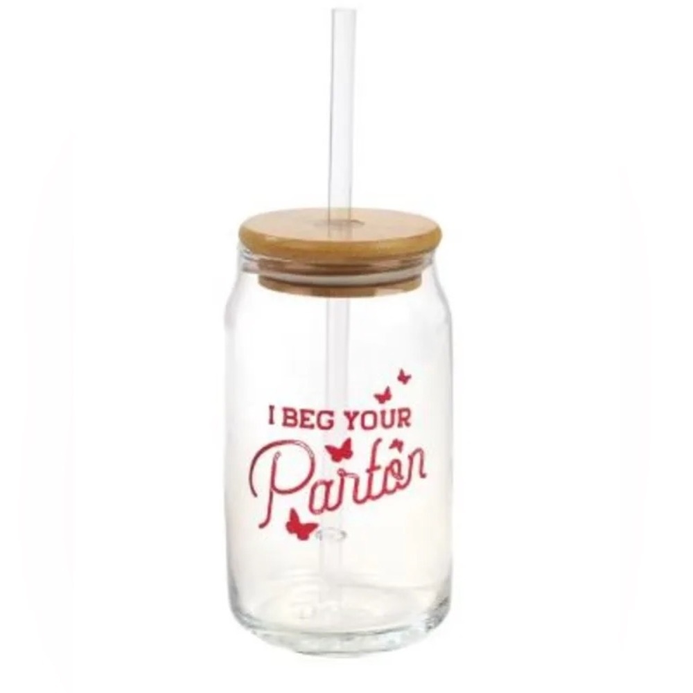 Dolly Parton 'I Beg Your Parton’ Glass Cup with Straw and Bamboo lid